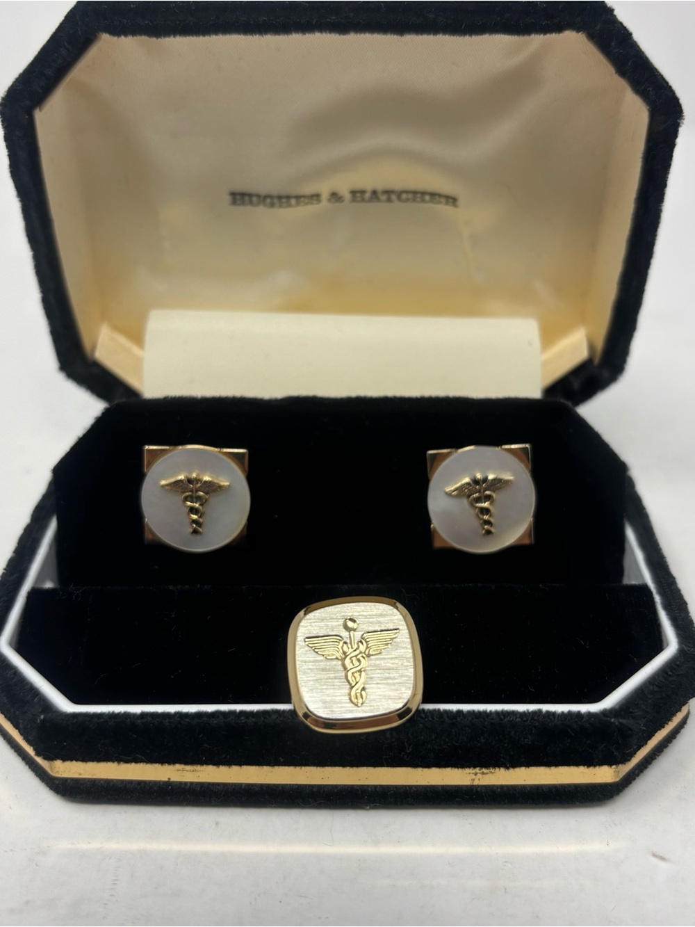 SWANK Gold and White Medical Caduceus Cufflink and Signet Set